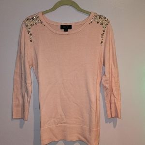 Pink Pearl & Diamon Embellished Shoulder  3/4 Sleeve Sweater